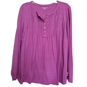 Coldwater Creek Purple Pintucked Lace Detail Henley Long Sleeve Knit Top 1X
